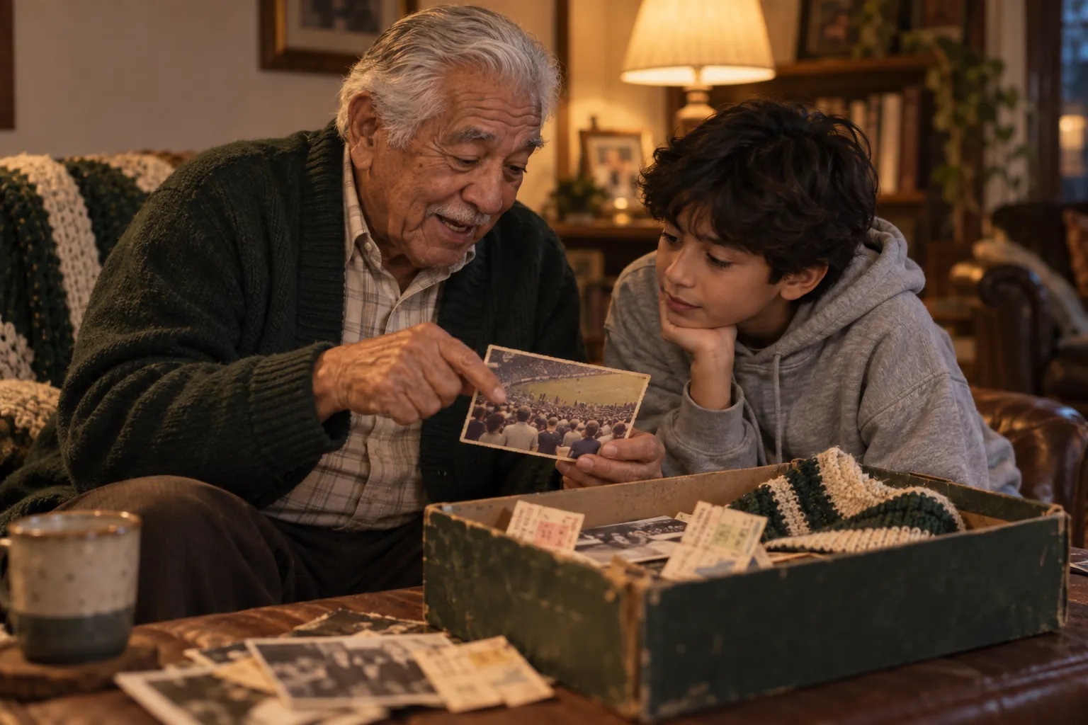 A grandfather showing his grandson an old game photo from a box of ticket stubs
