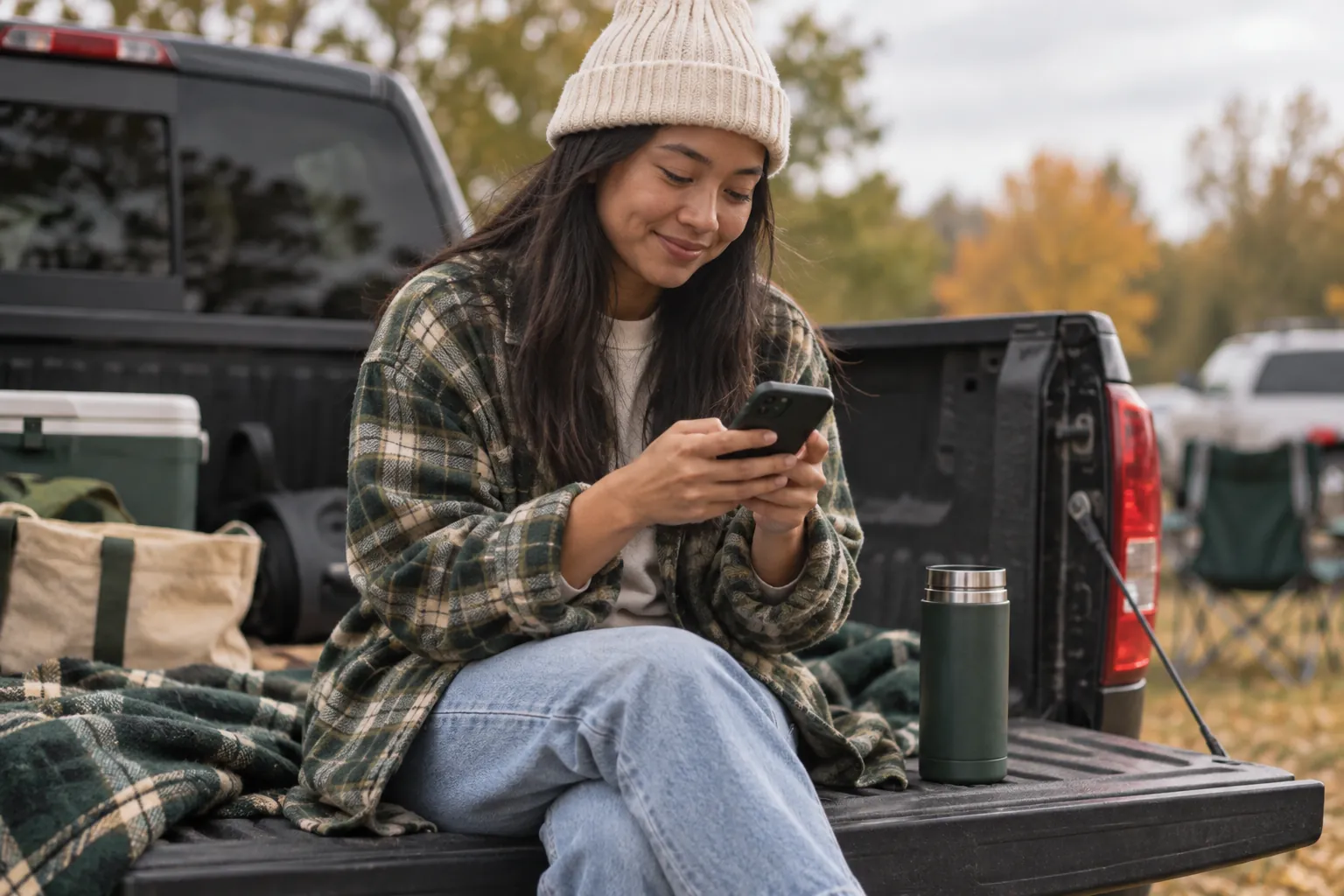 A fan on a pickup tailgate typing on her phone with a small smile