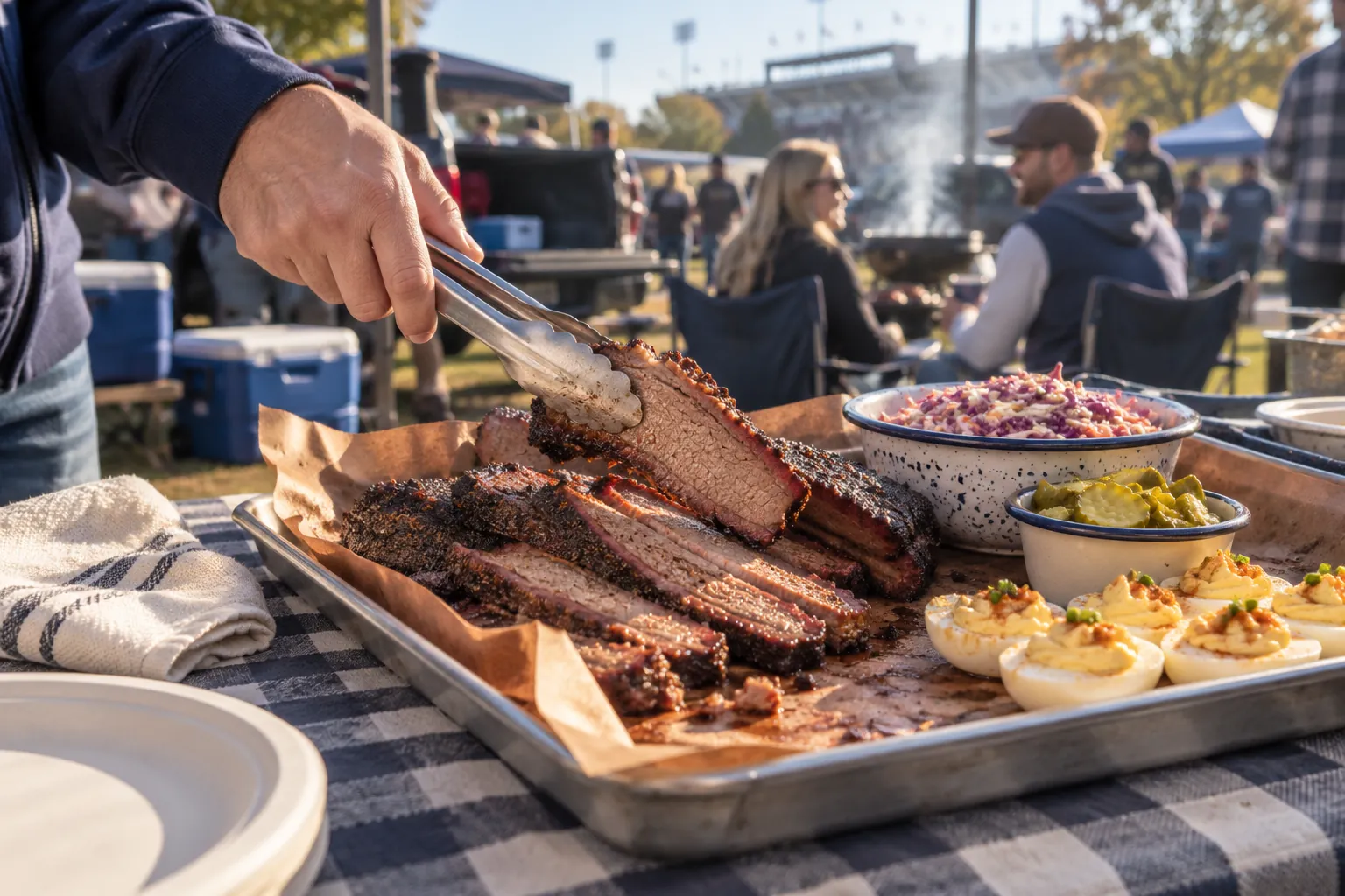 Brisket, deviled eggs and sides at a tailgate