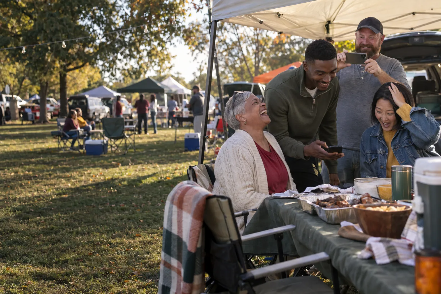 Friends at a tailgate reacting to a replay on a phone while one takes a photo of the group