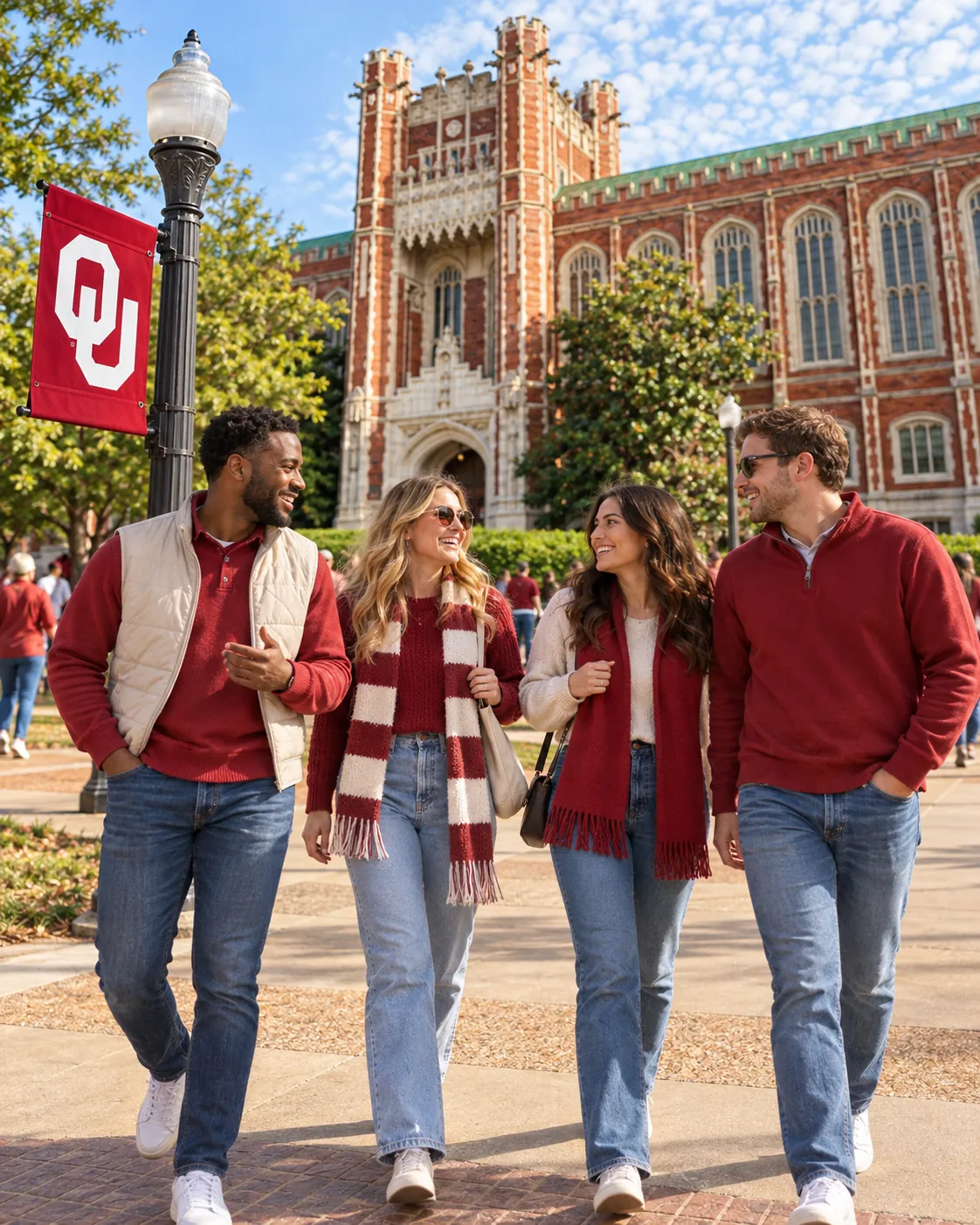 Fans in crimson and cream strolling through a campus setting