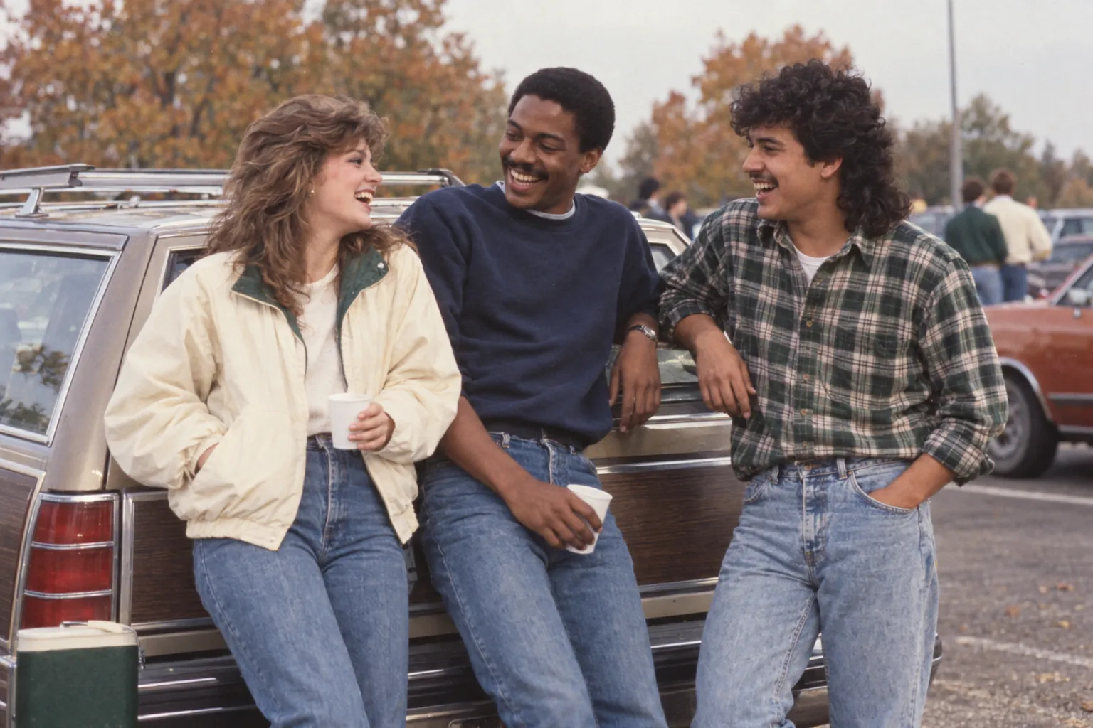Friends in 1980s clothes laughing against a station wagon before a game