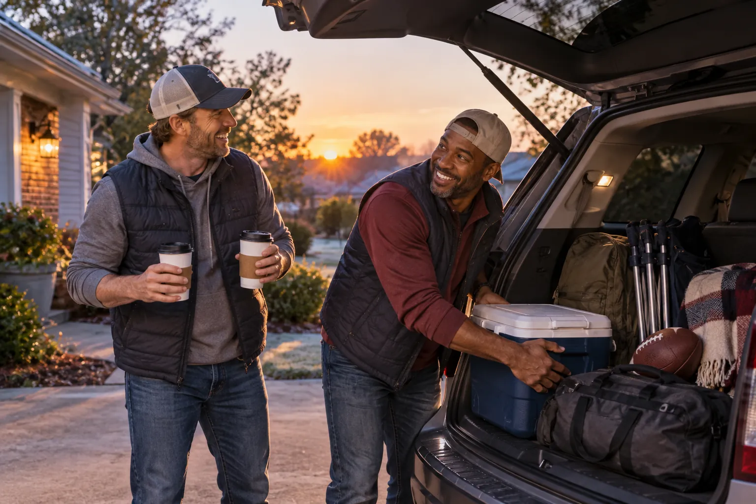 Friends packing a cooler and football for a road trip