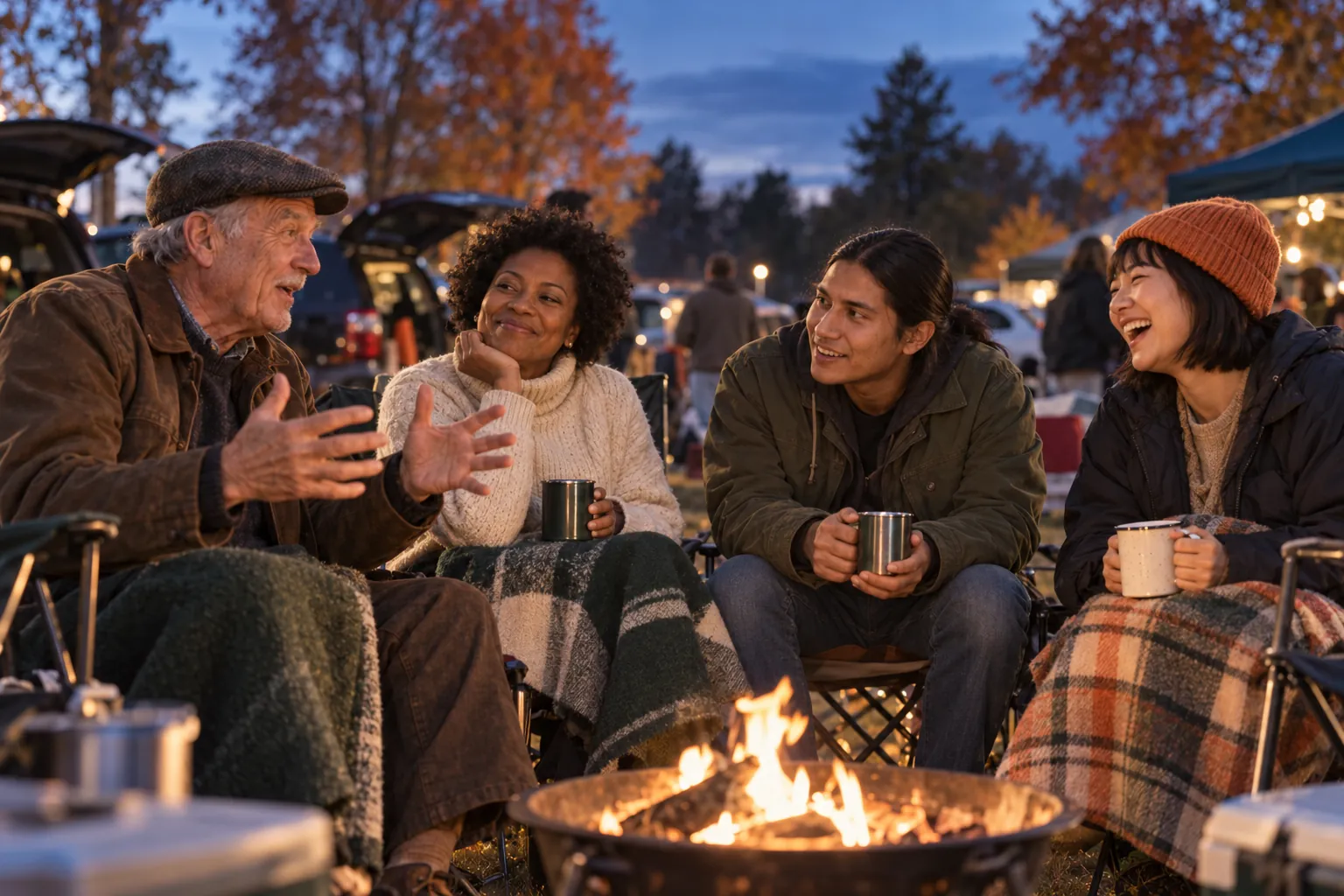 Friends around a fire pit at dusk listening to an older fan tell a story