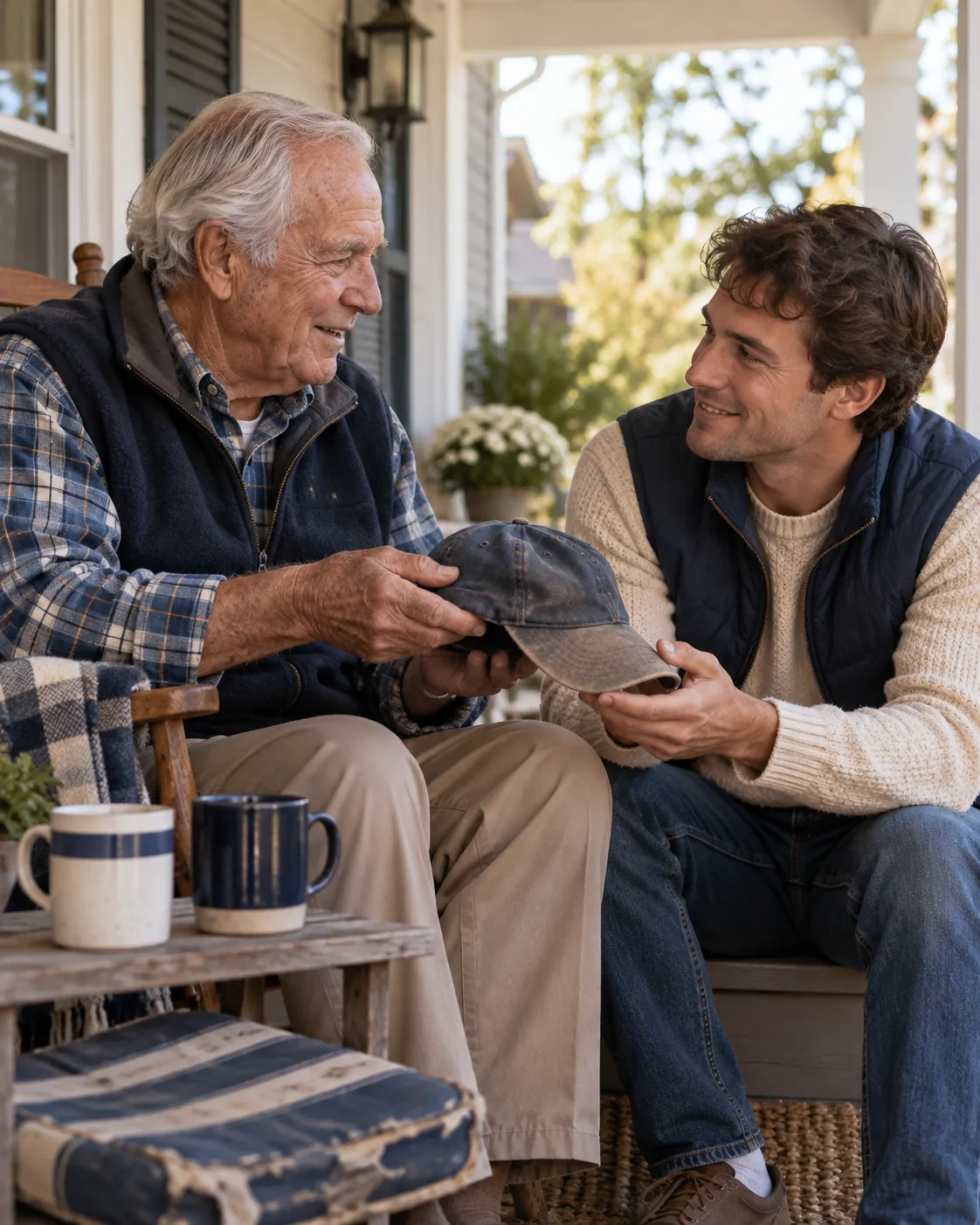 An older fan passing a well-loved cap to a younger fan