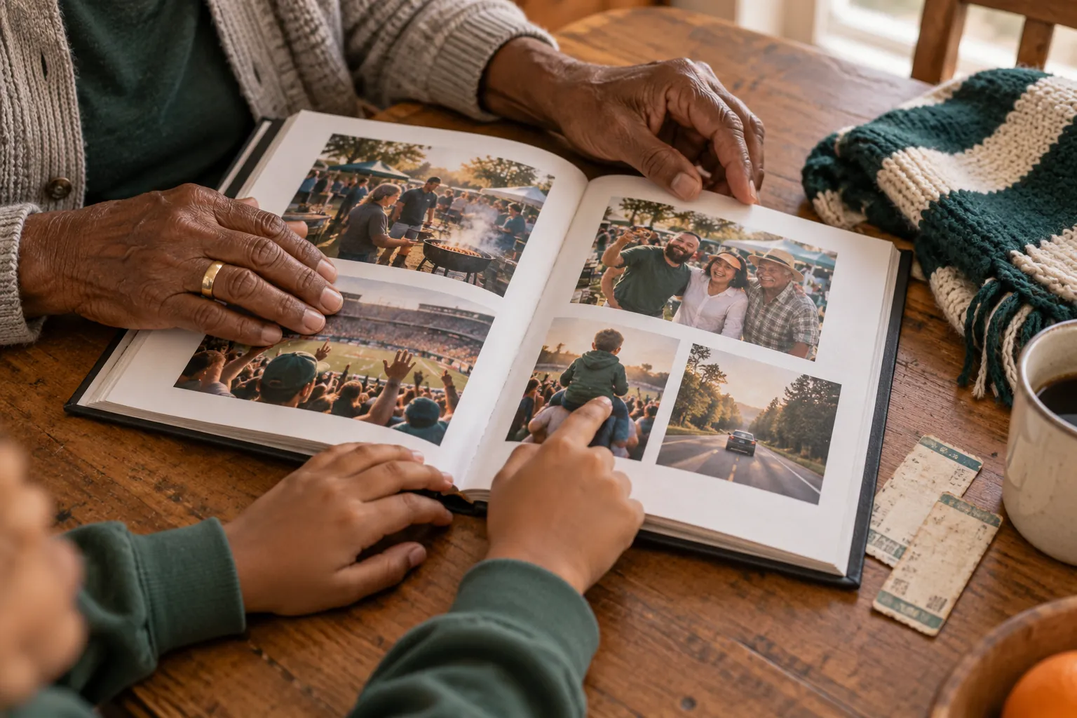 A grandparent and child turning the pages of a printed gameday photo book