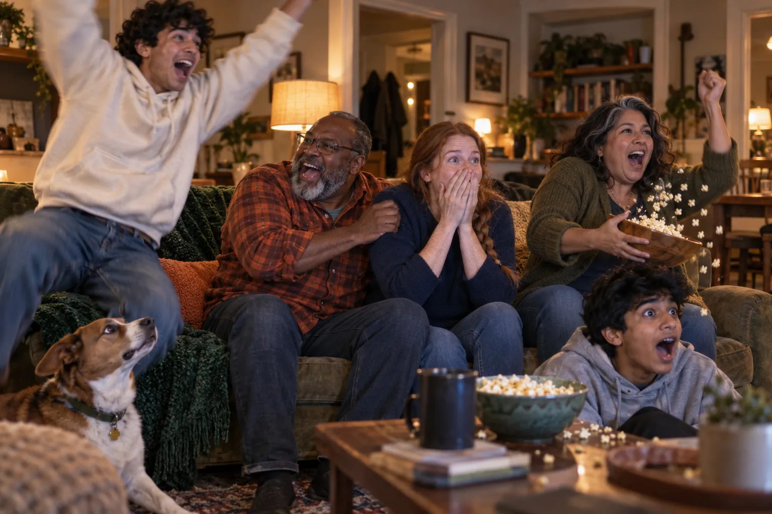 Friends and family on a couch erupting at a big play, popcorn flying and the dog looking up