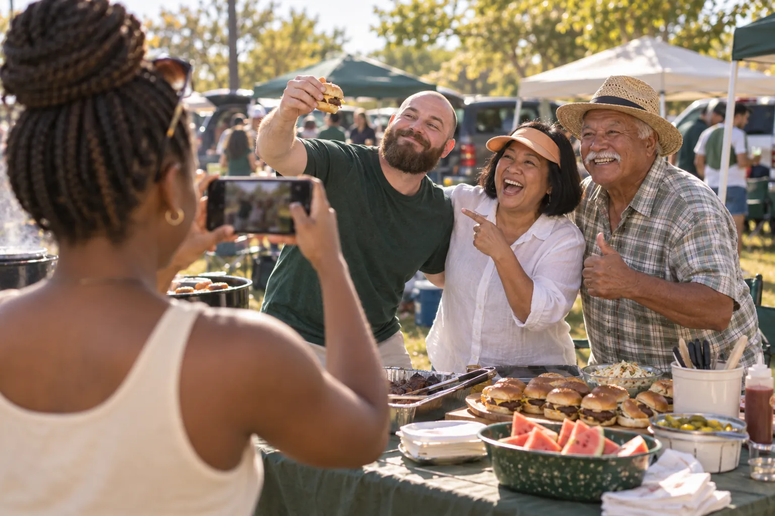 A fan photographing her friends hamming it up behind a table of tailgate food