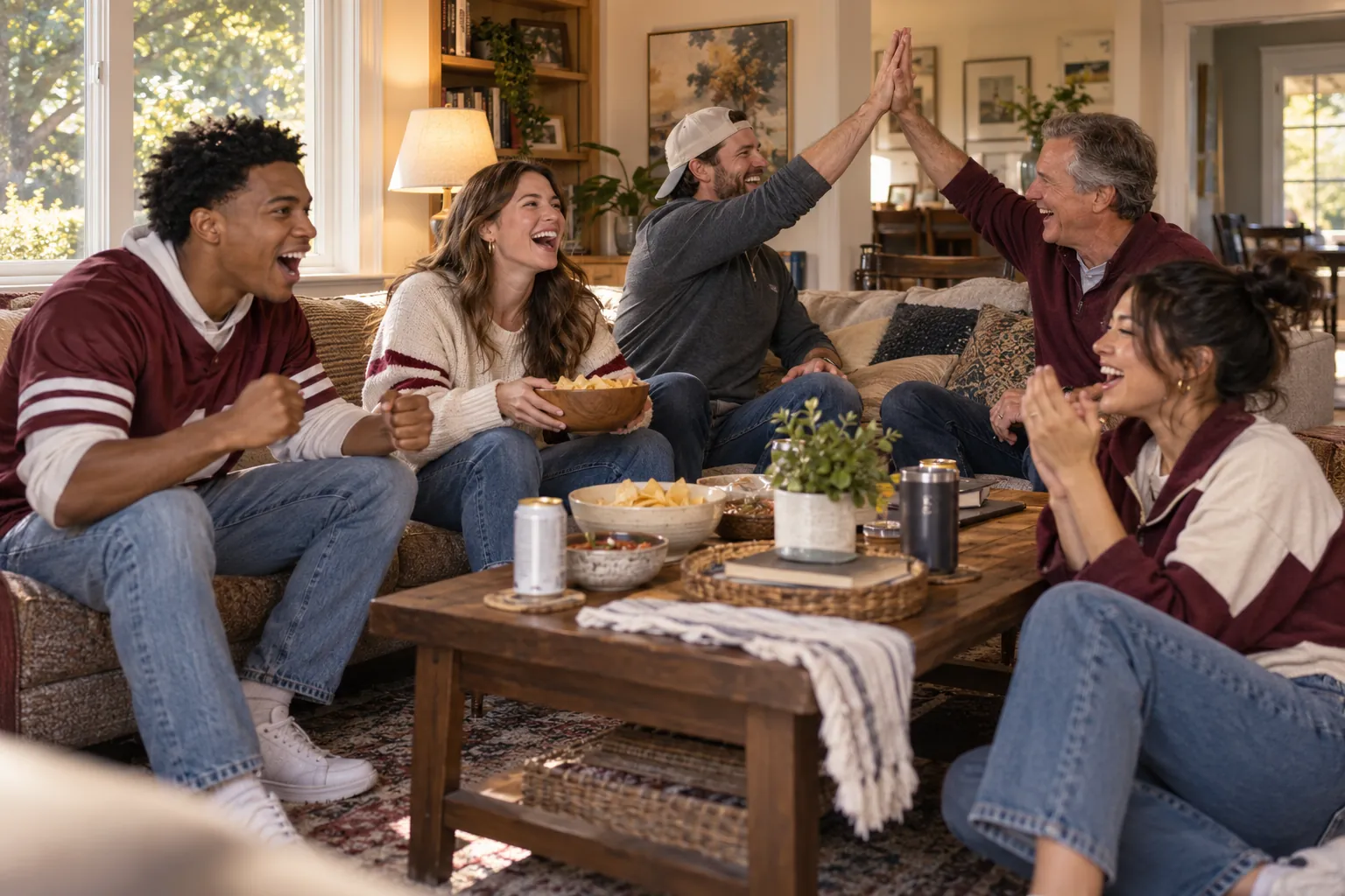 Friends celebrating together at a home watch party