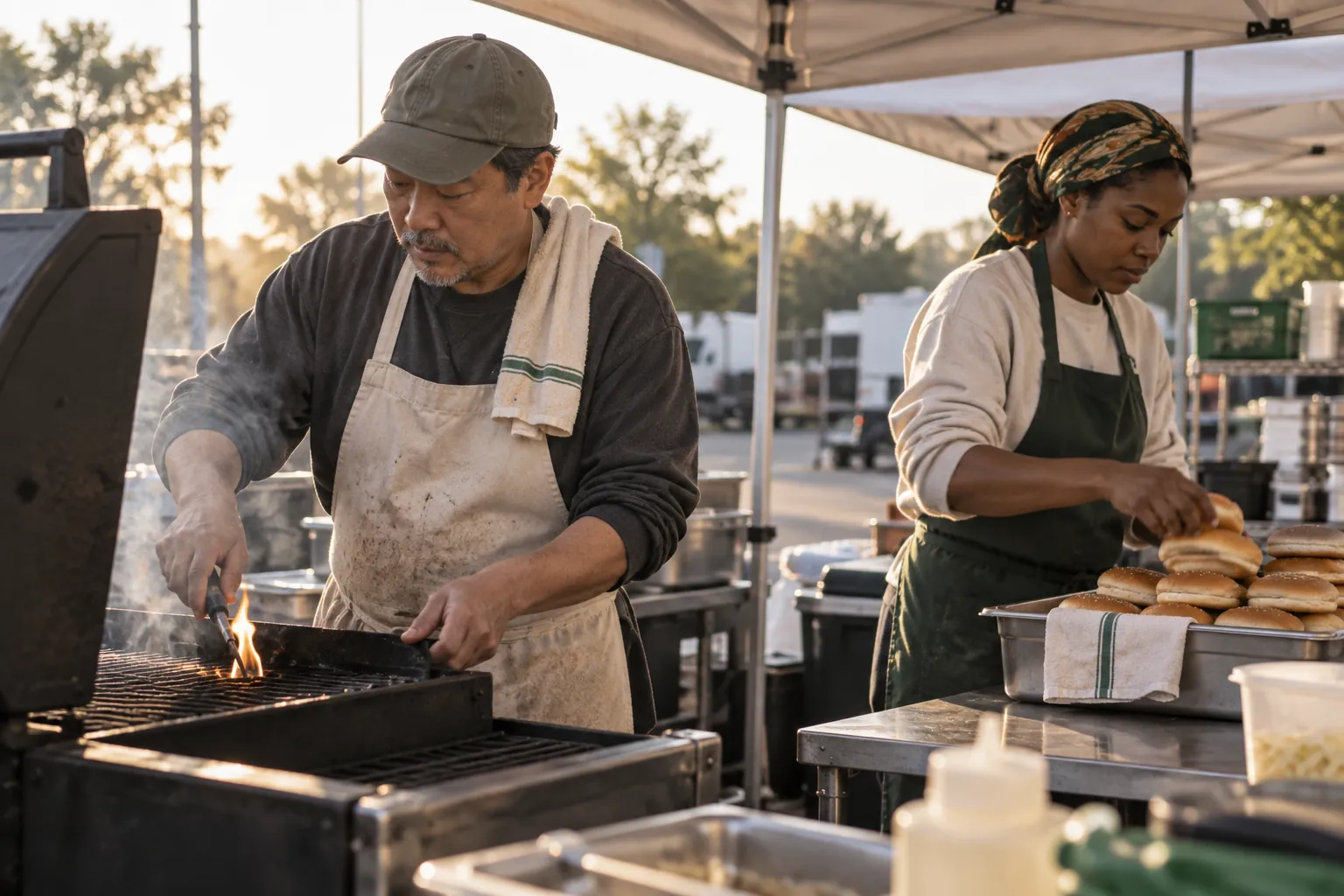 A food vendor lighting the grill while a coworker stacks buns before the gates open