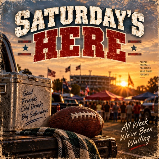 Saturday's Here: a cooler and a football on a tailgate at sunset, the stadium and the lot behind.